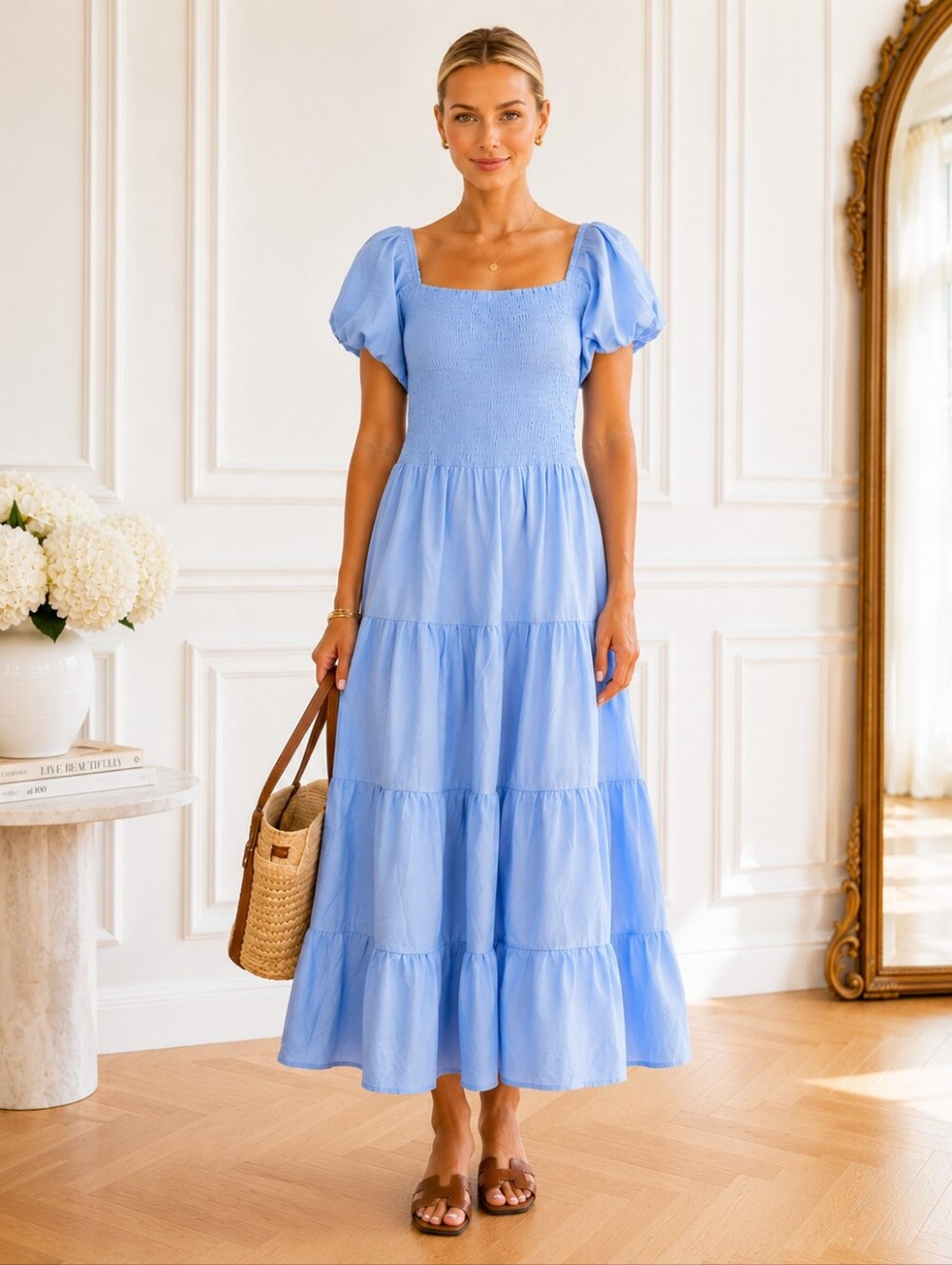 PrettyGarden | NWT | Light Blue Puff Sleeve Smocked Tiered Maxi Dress  | Size S